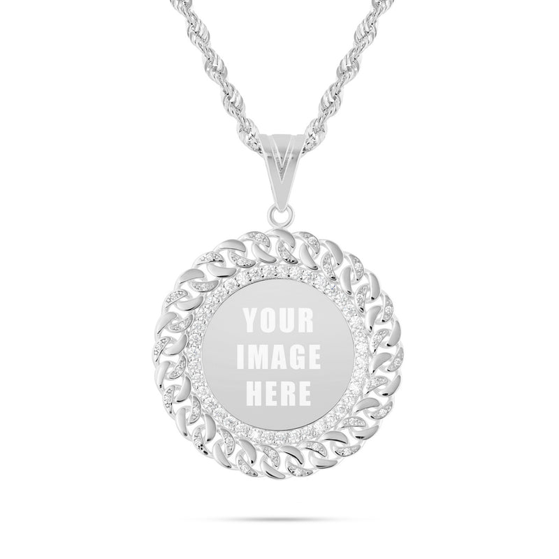14K Gold Medium Cuban Border Picture Pendant with Cubic Zirconia