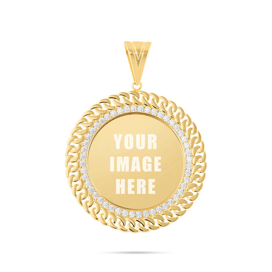 14K Gold Large Cuban Border Picture Pendant with Cubic Zirconia