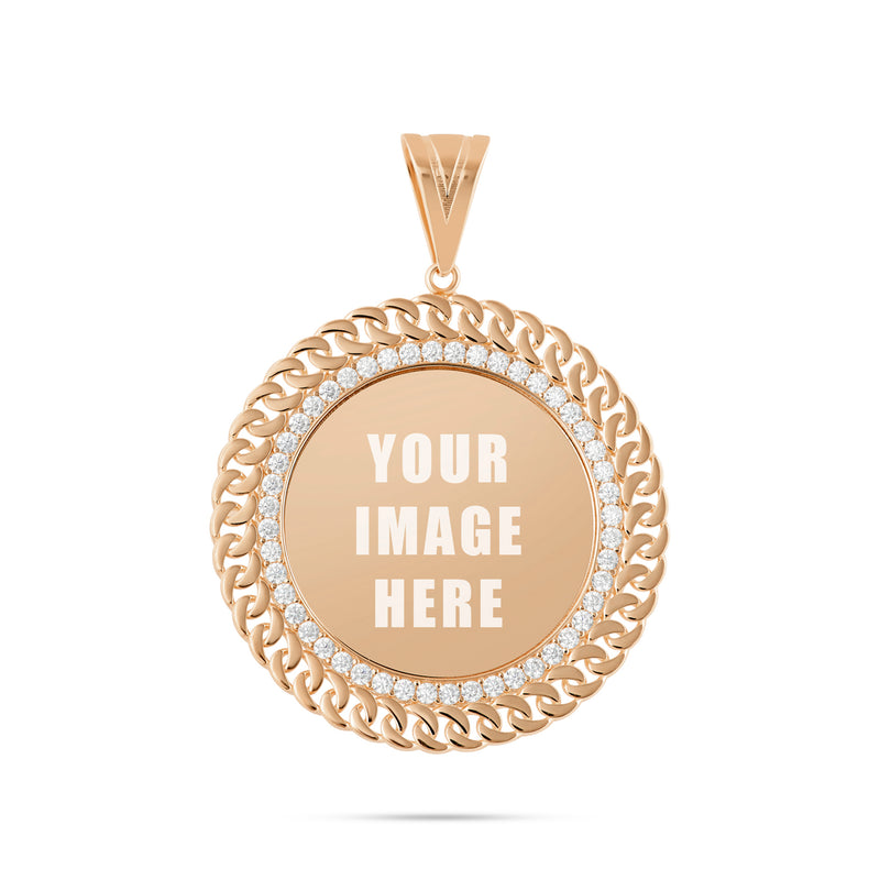 14K Gold Large Cuban Border Picture Pendant with Cubic Zirconia