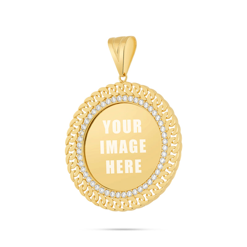 14K Gold Large Cuban Border Picture Pendant with Cubic Zirconia