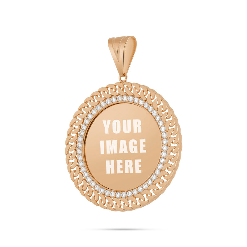 14K Gold Large Cuban Border Picture Pendant with Cubic Zirconia