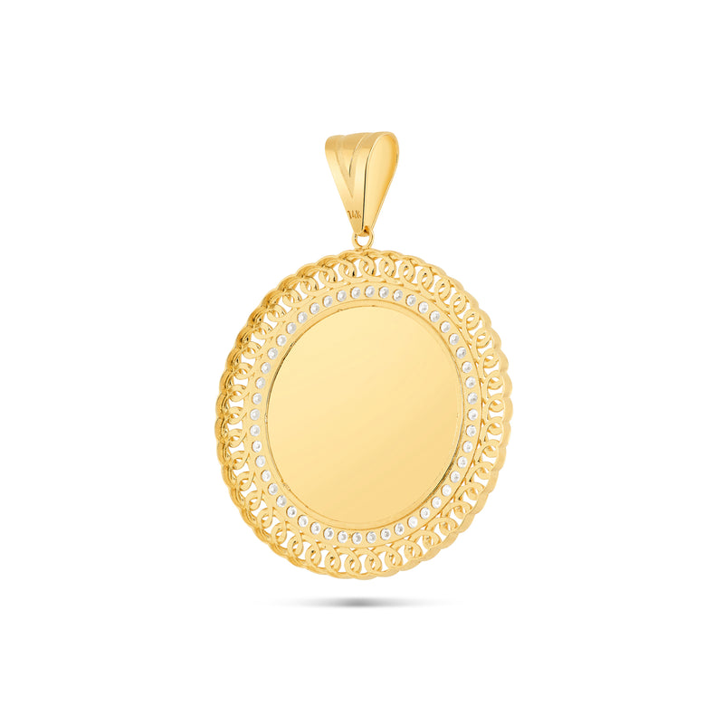 14K Gold Large Cuban Border Picture Pendant with Cubic Zirconia