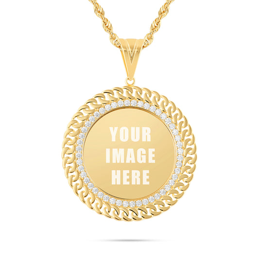14K Gold Large Cuban Border Picture Pendant with Cubic Zirconia