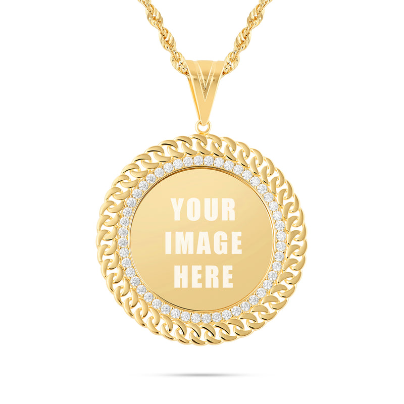 14K Gold Large Cuban Border Picture Pendant with Cubic Zirconia