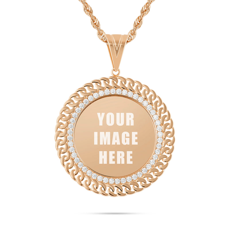 14K Gold Large Cuban Border Picture Pendant with Cubic Zirconia
