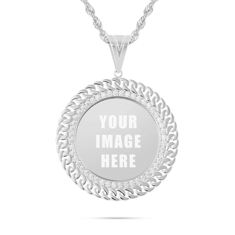 14K Gold Large Cuban Border Picture Pendant with Cubic Zirconia