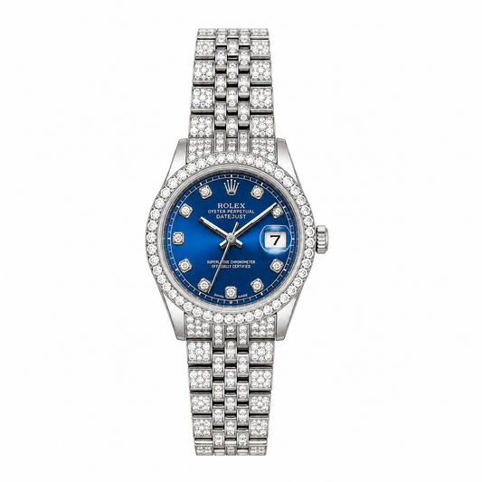 Full Natural Diamond Rolex Date Just 36 mm Jubilee Bracelet Blue Dial