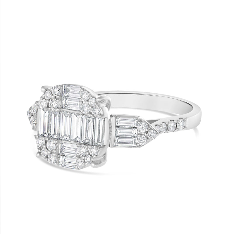 14K White Gold Cluster Baguette & Round Diamond Ring