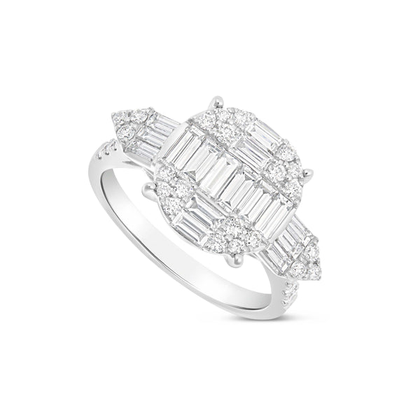 14K White Gold Cluster Baguette & Round Diamond Ring