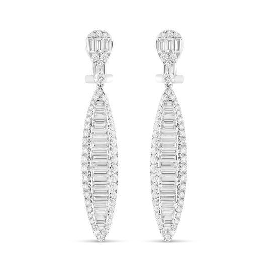 18K White Gold Baguette Diamond Pear Shaped Drop Earrings