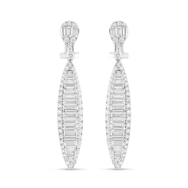 18K White Gold Baguette Diamond Pear Shaped Drop Earrings
