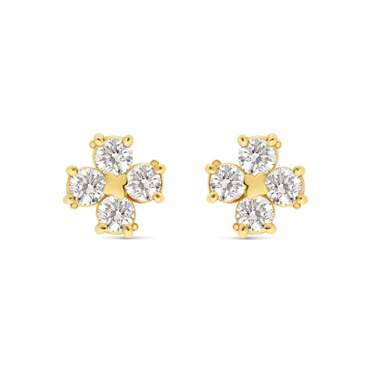 14K Yellow Gold Natural Diamond Clover Stud Earrings- 1.5 cts