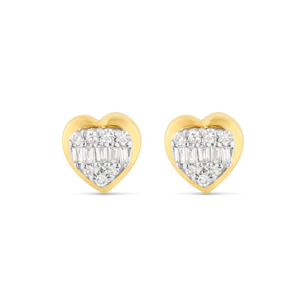 14K Yellow Gold Heart Diamond Stud Earrings