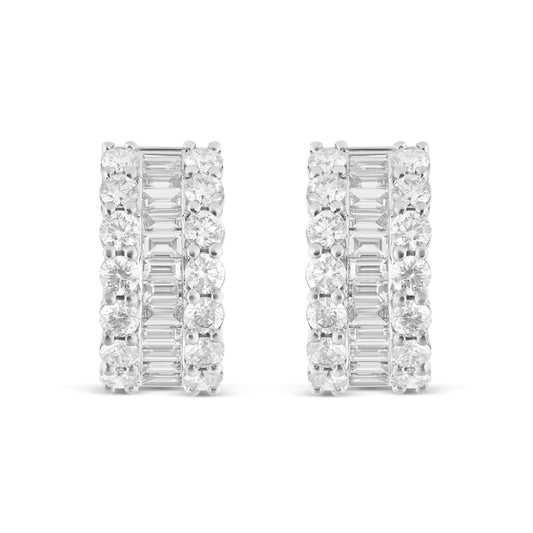 18K White Gold Baguette & Round Diamond Huggie Earrings
