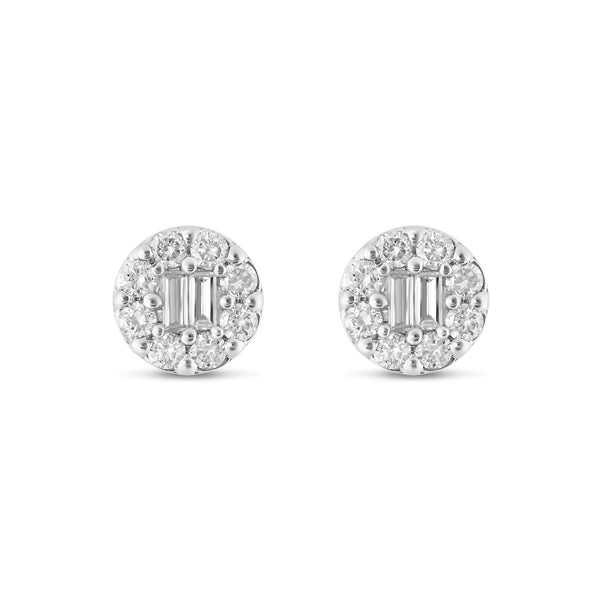White gold Diamond Cluster Stud Earrings with Baguette Center