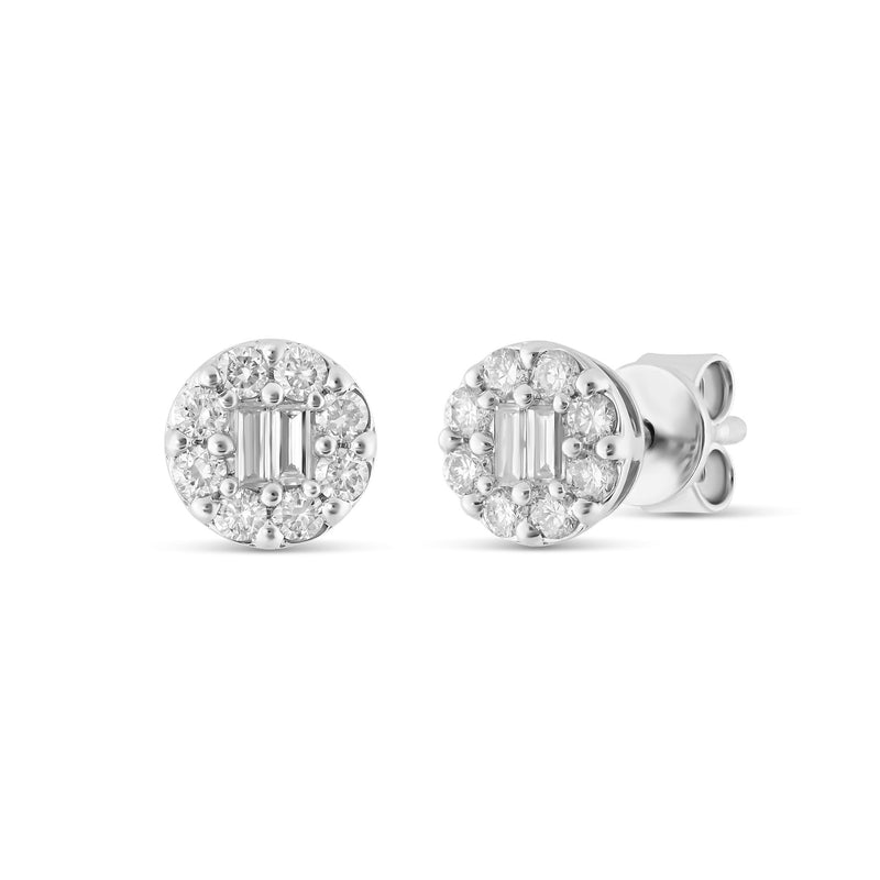 White gold Diamond Cluster Stud Earrings with Baguette Center