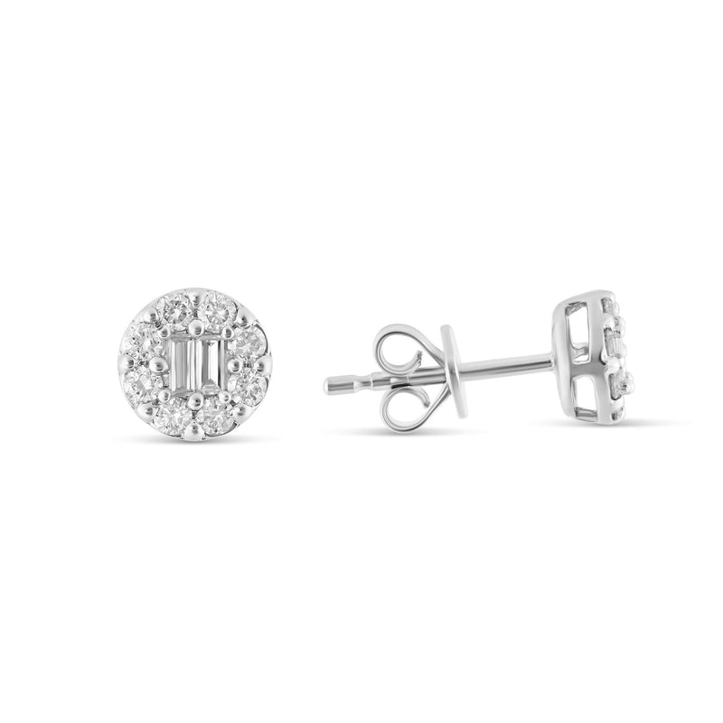 White gold Diamond Cluster Stud Earrings with Baguette Center
