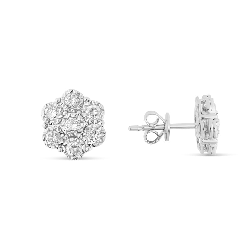 0.70 Ct White Gold Bezel Set Diamond Flower Stud Earrings