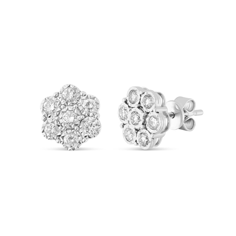 0.70 Ct White Gold Bezel Set Diamond Flower Stud Earrings