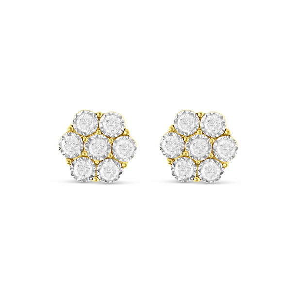 0.70 Ct Yellow Gold Bezel Set Diamond Flower Stud Earrings