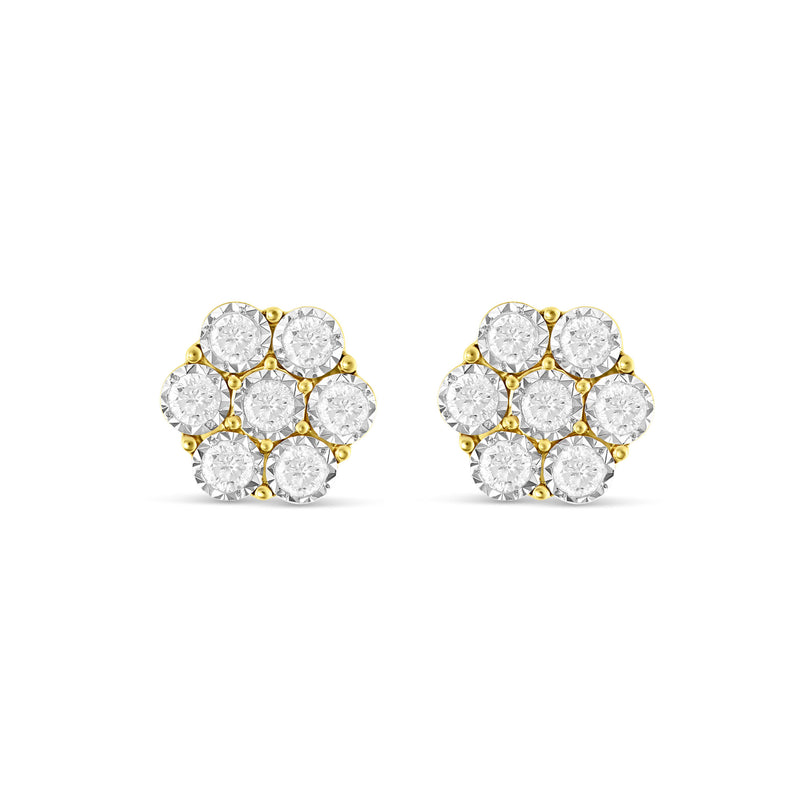 0.70 Ct Yellow Gold Bezel Set Diamond Flower Stud Earrings