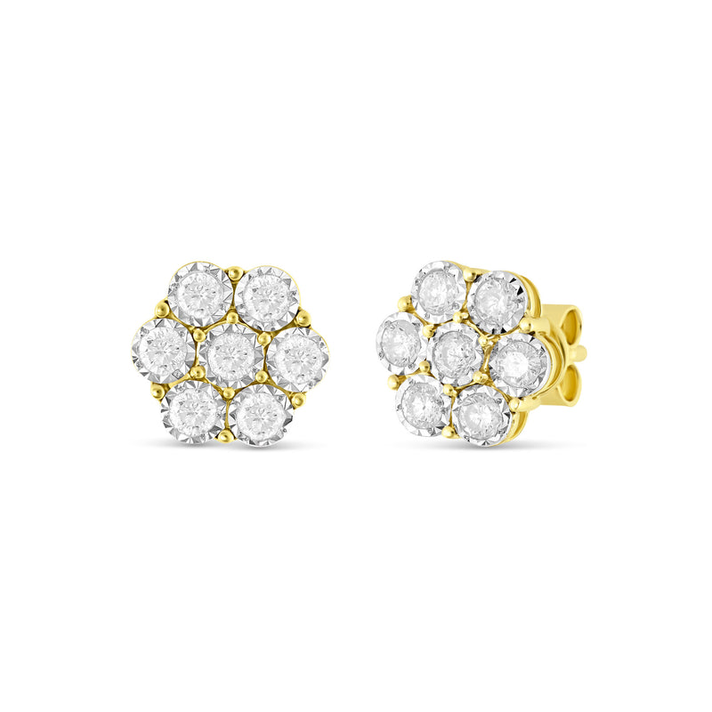 0.70 Ct Yellow Gold Bezel Set Diamond Flower Stud Earrings