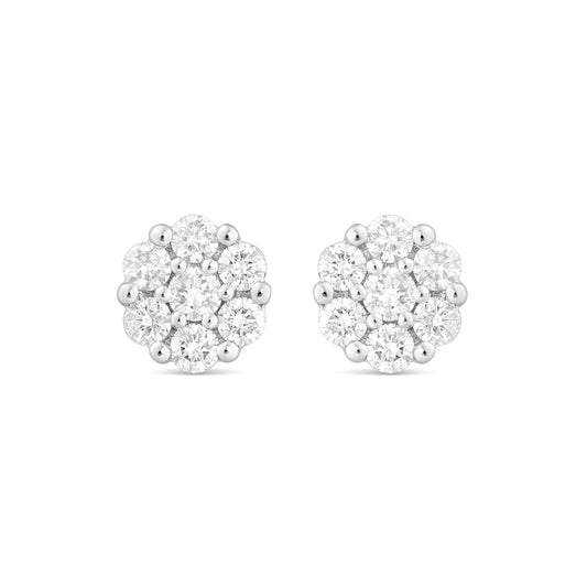 14 Karat White Gold Natural Diamond Flower Stud Earrings 1.0ct