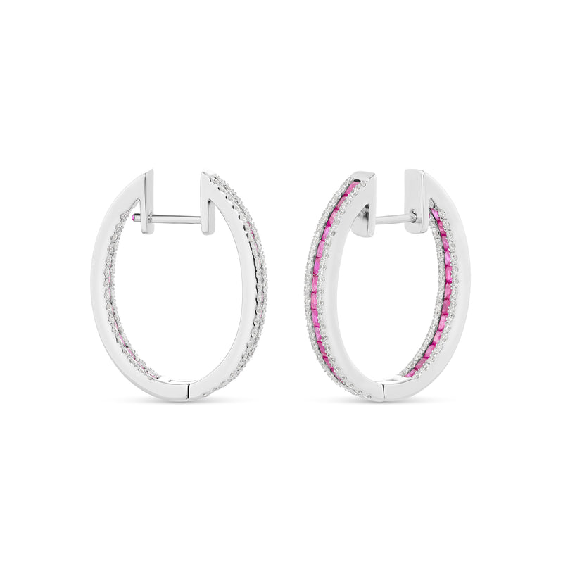 14k White Gold Emerald Cut Ruby & Diamond Hoop Earrings