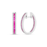 14k White Gold Emerald Cut Ruby & Diamond Hoop Earrings
