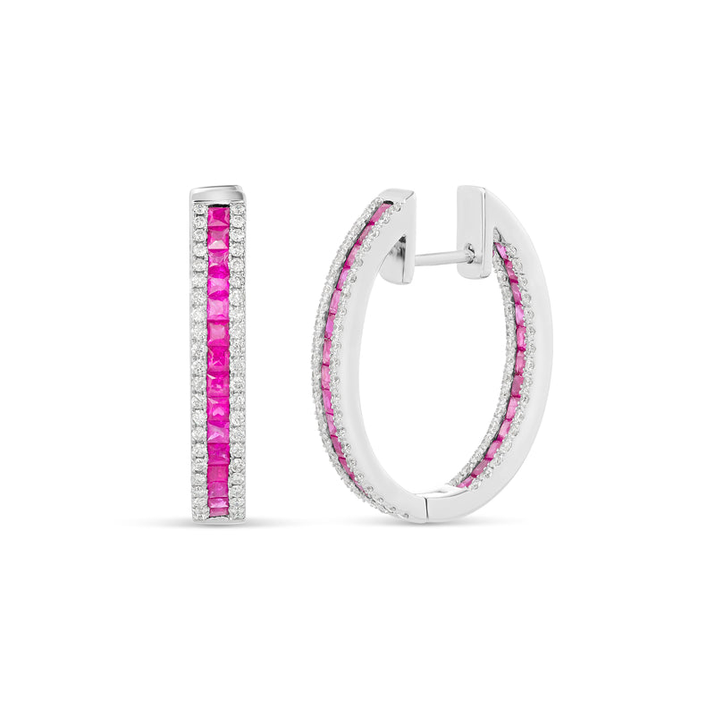 14k White Gold Emerald Cut Ruby & Diamond Hoop Earrings