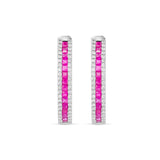 14k White Gold Emerald Cut Ruby & Diamond Hoop Earrings