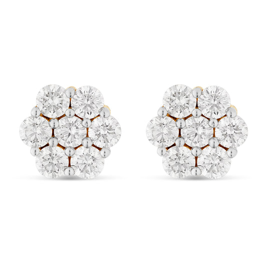 14K Yellow Gold Natural Diamond Flower Stud Earrings- 1.35 cts