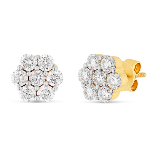14K Yellow Gold Natural Diamond Flower Stud Earrings- 1.35 cts