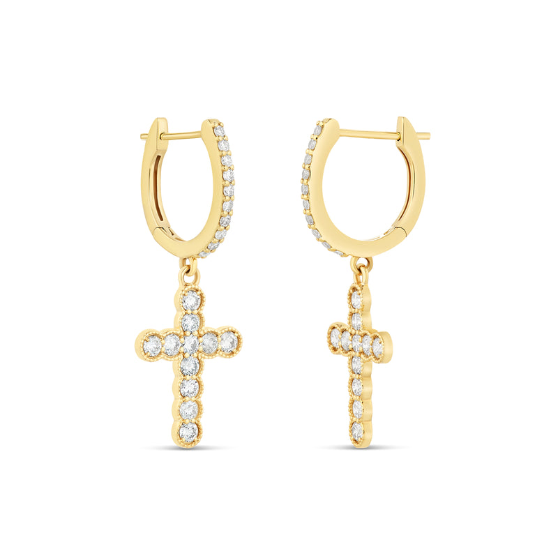 14k Gold Cross Diamond Huggie Earrings