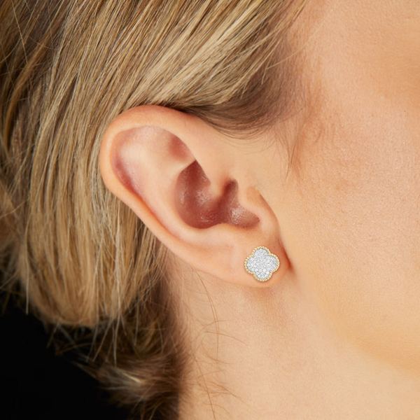 14K Gold .50CT Pave Diamond Clover Flower Stud Earrings
