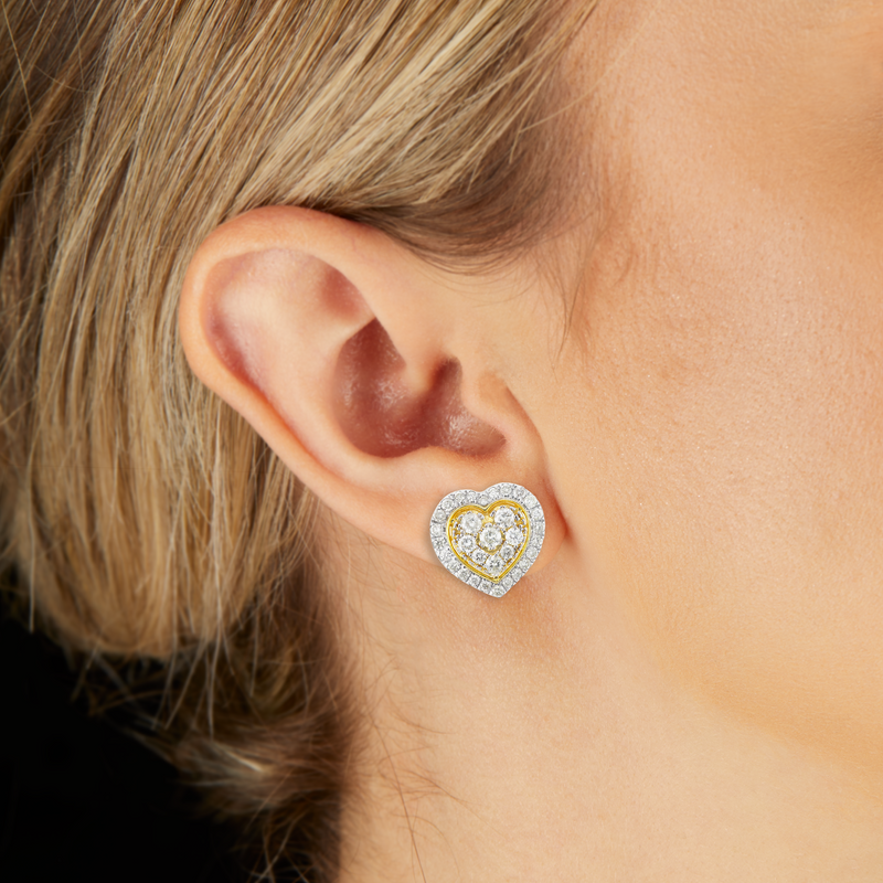 14K Gold 1.33CT Diamond Bilevel Heart Stud Earrings