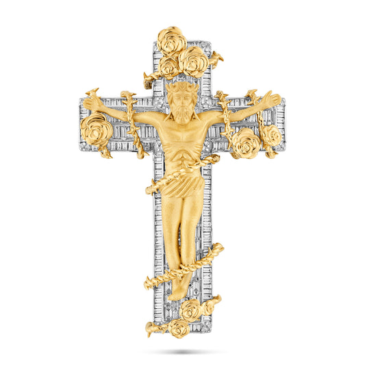 Two-Tone 10K Gold with Emerald Cut Diamond Crucifix Pendant