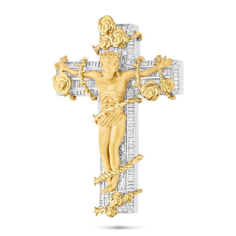 Two-Tone 10K Gold with Emerald Cut Diamond Crucifix Pendant