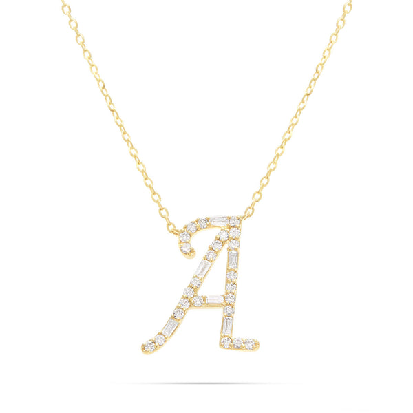 10K Gold 1.75ct Baguette & Round Diamond Initial Necklace