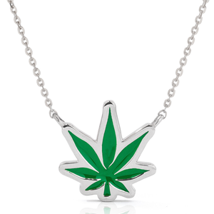 14k Gold Pot Leaf Green Enamel Necklace