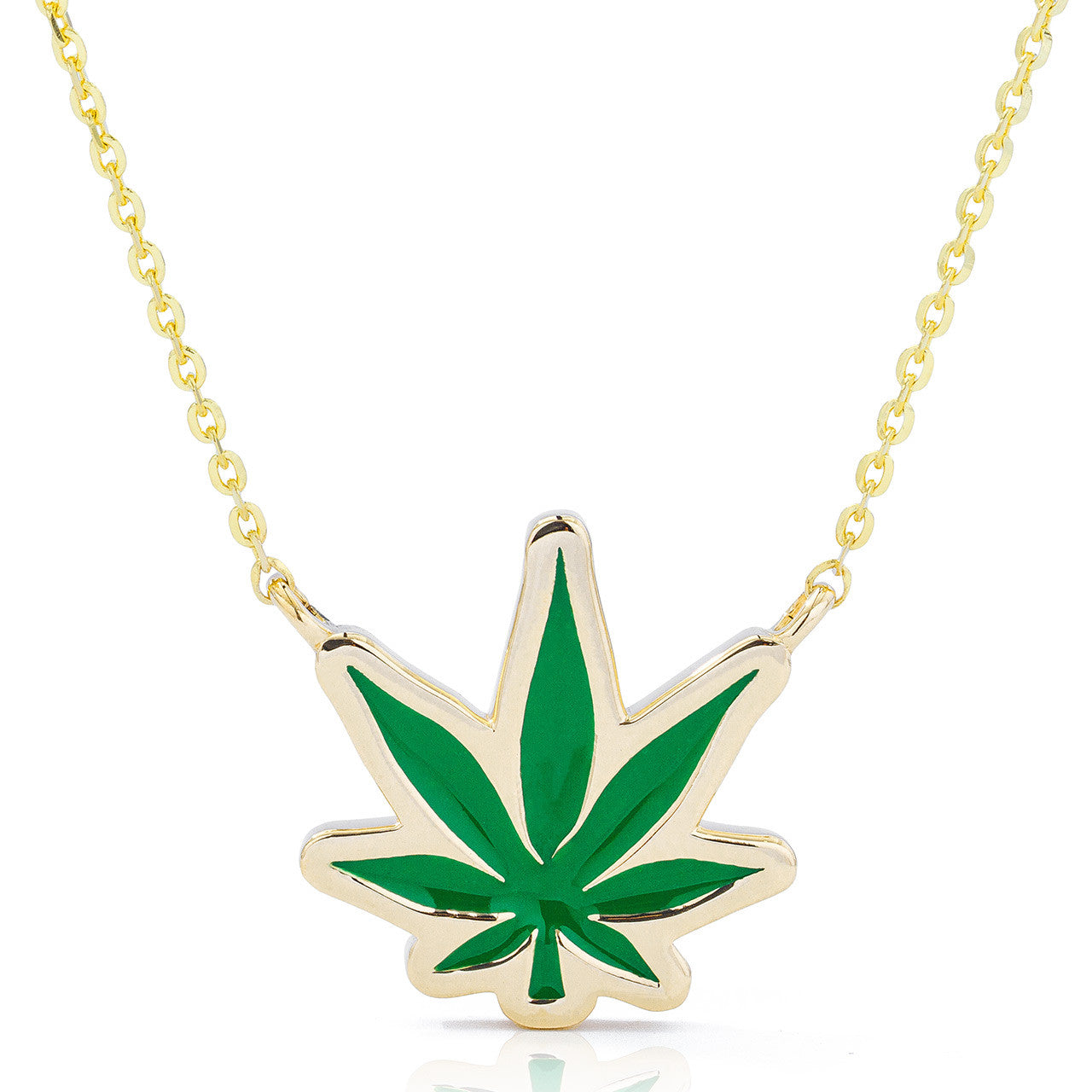 14k Gold Pot Leaf Green Enamel Necklace