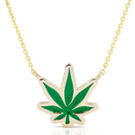 14k Gold Pot Leaf Green Enamel Necklace