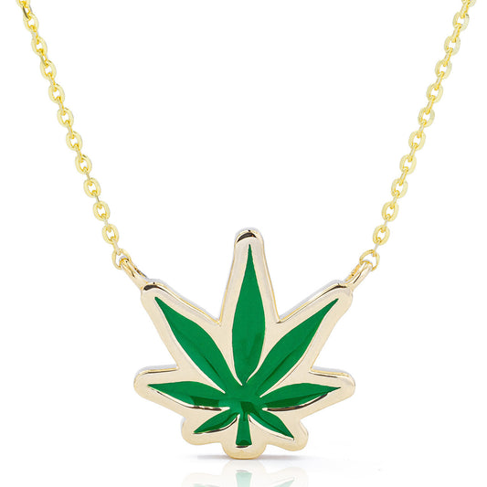14k Gold Pot Leaf Green Enamel Necklace