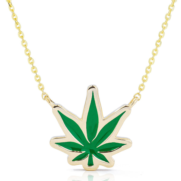 14k Gold Pot Leaf Green Enamel Necklace
