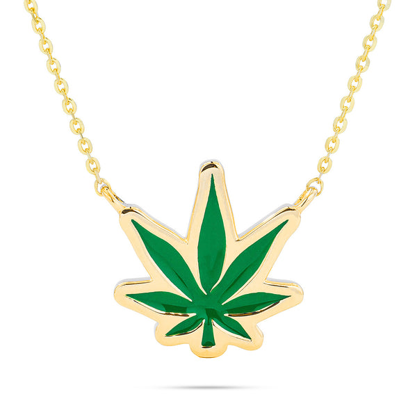 14k Gold Pot Leaf Green Enamel Necklace
