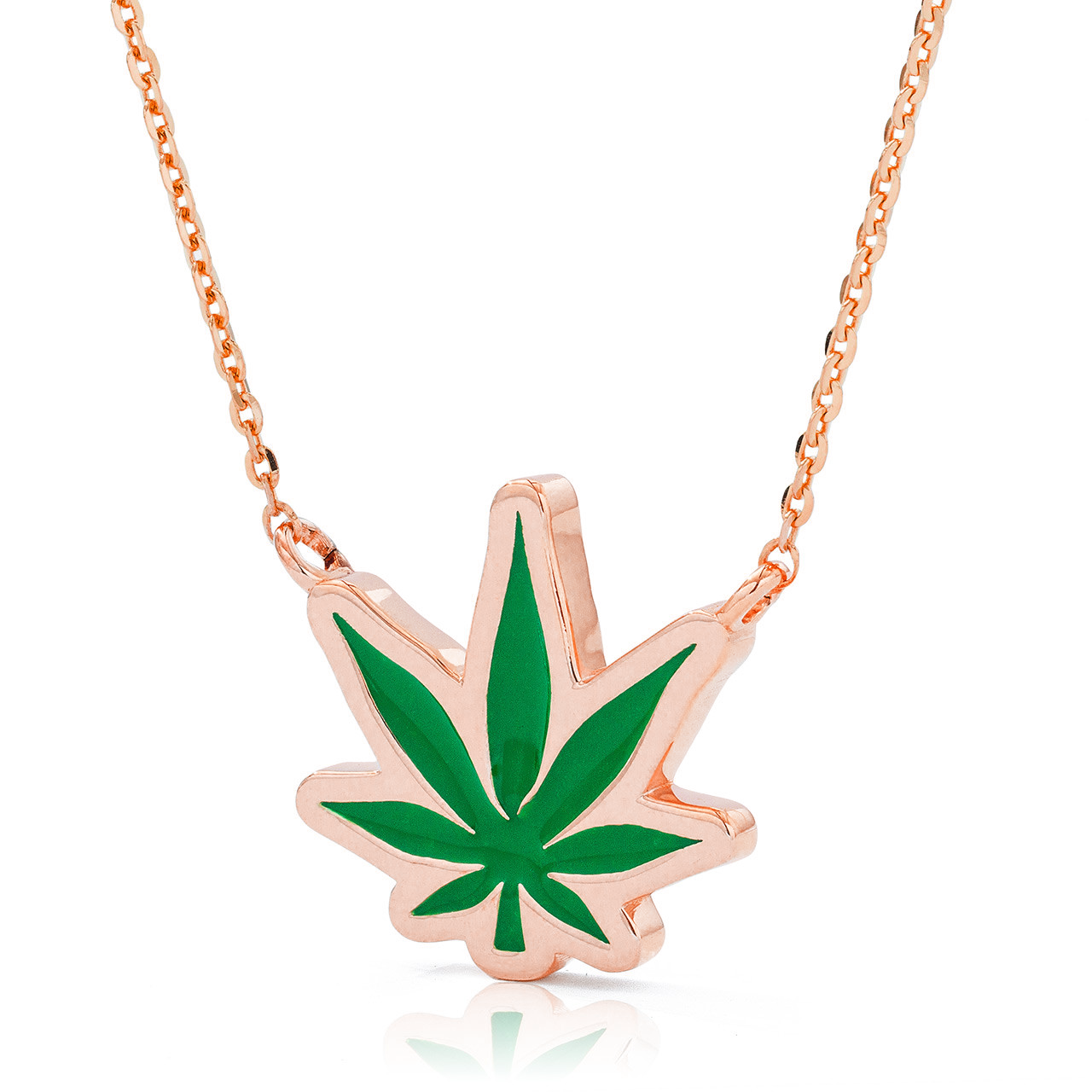 14k Gold Pot Leaf Green Enamel Necklace