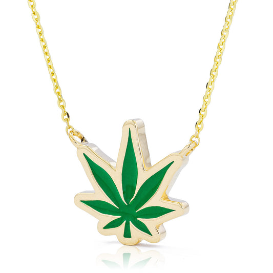 14k Gold Pot Leaf Green Enamel Necklace