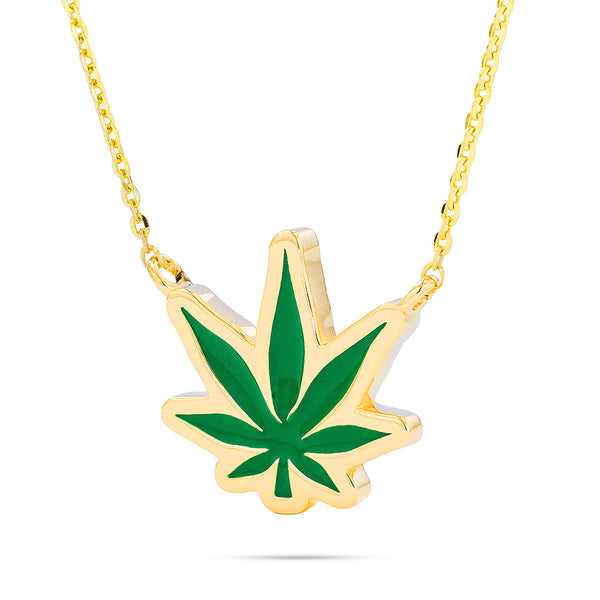 14k Gold Pot Leaf Green Enamel Necklace