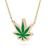 14k Gold Pot Leaf Green Enamel Necklace
