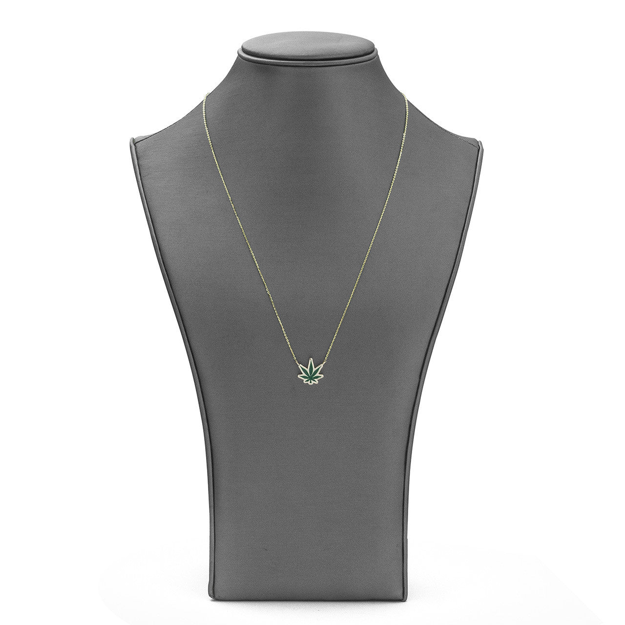 14k Gold Pot Leaf Green Enamel Necklace